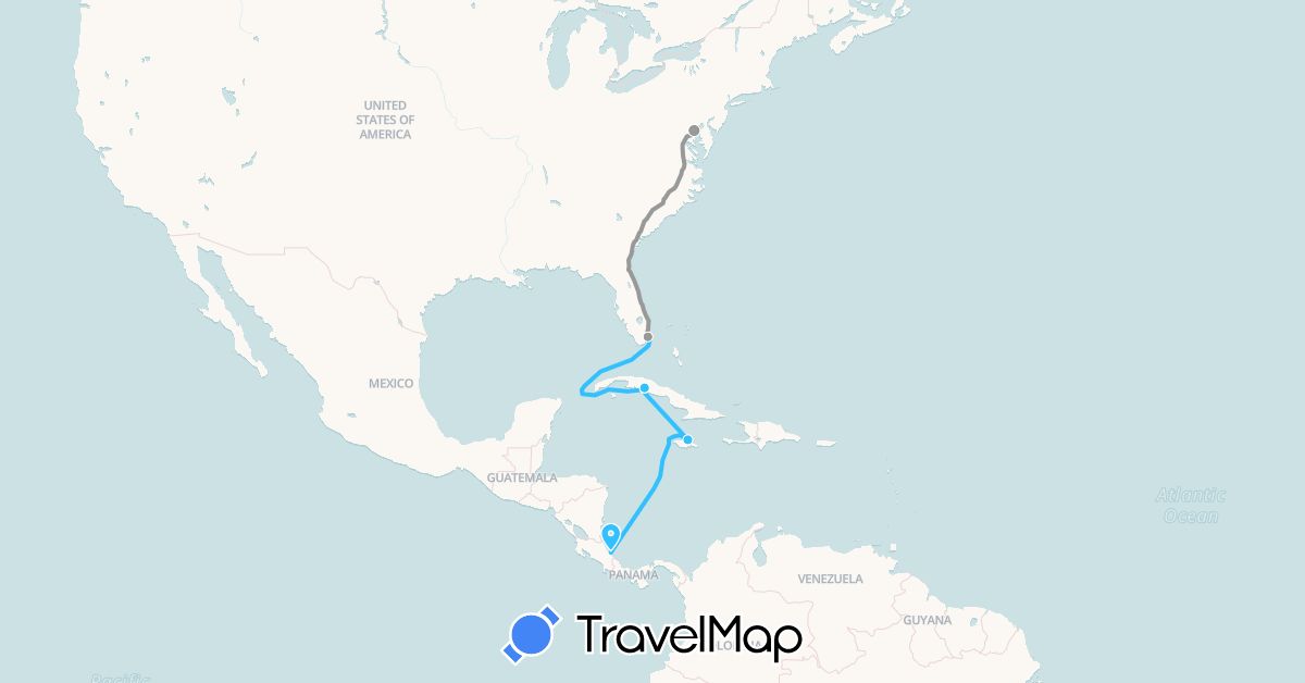 TravelMap itinerary: driving, plane, boat in Costa Rica, Cuba, Jamaica, United States (North America)